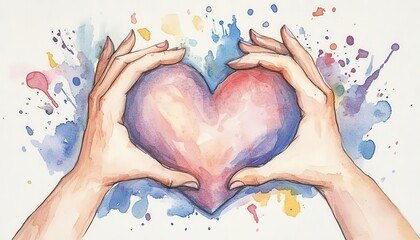 Splashing watercolor of hands forming a heart with multicolored splashes, Love and Acceptance, celebration of abilities