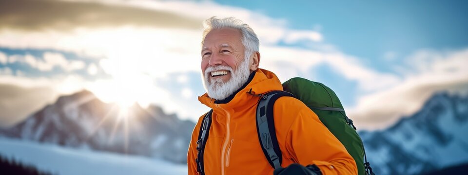 Un homme &acirc;g&eacute; de 70 ans, en randonn&eacute;e en montagne souriant, portant une barbe blanche, une veste orange et un sac &agrave; dos, coucher de soleil en arri&egrave;re-plan.