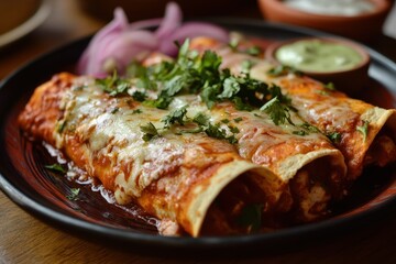 Classic chicken enchiladas with spicy tomato sauce and cheese Mexican food