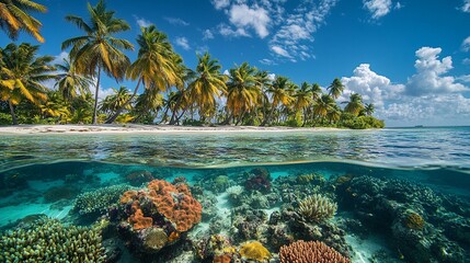Naklejka premium Tropical Island Beach with Palm Trees, White Sand and Clear Waters