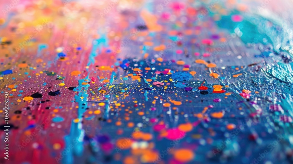 Poster unfocused abstract patterns of paint splatter on the floor.