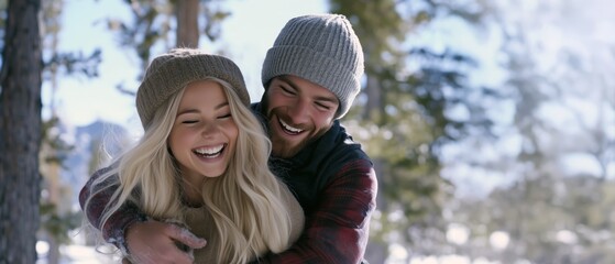 Un couple homme, femme, amoureux s'amusant et riant l'hiver dans la neige, portant des vêtements chauds avec une forêt en arrière-plan.