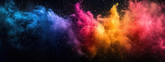 Fototapeta premium Colorful powder exploding into a starry night sky with bright bursts of color,