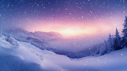 Naklejka premium Snowy Alpine Landscape at Twilight with Falling Snowflakes