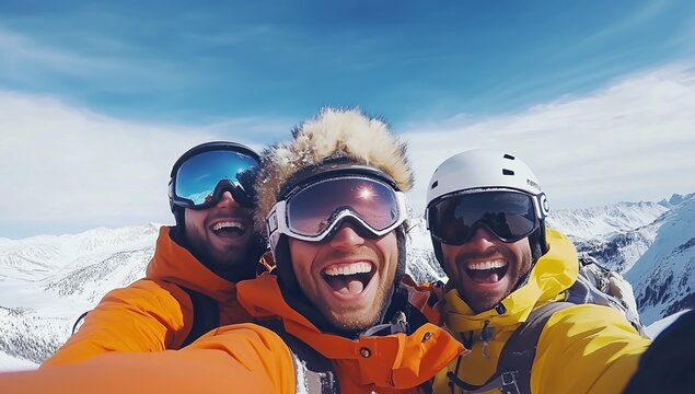 Des amis prenant un selfie au ski, souriant et v&ecirc;tus d'un &eacute;quipement color&eacute;, arri&egrave;re-plan avec montagnes enneig&eacute;es et ciel bleu.