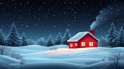 Fototapeta premium Red cabin in snowy winter night scene