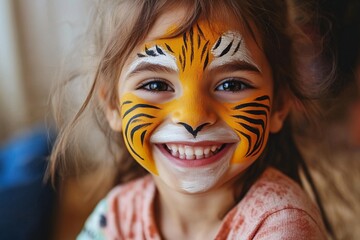 A child smiling with a face painted like a tiger, colorful face paint, close-up shot, indoors 3
