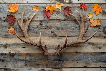 deer antlers with autumn leaves on a wooden board background with copy space - Powered by Adobe