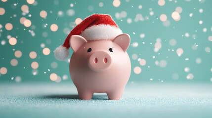 Fototapeta premium Adorable pink piggy bank wearing a festive Christmas hat, surrounded by sparkling snowflakes on a soft turquoise background.
