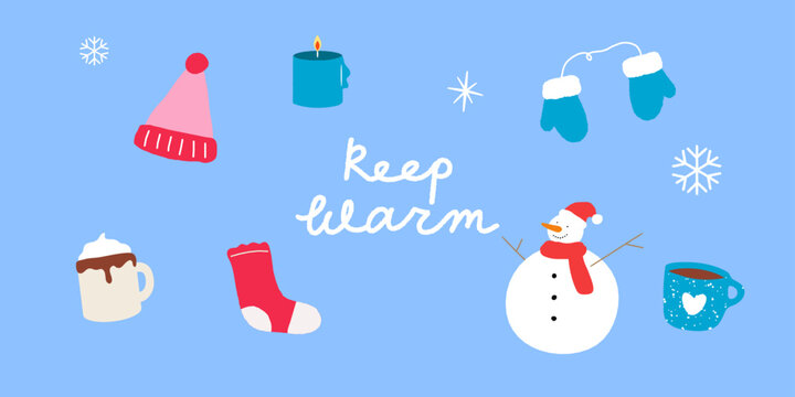 Festive Christmas icon set vector illustration Snowman, sock, gloves, beanie, hot chocolate