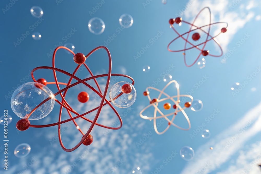 Poster abstract atom molecule dynamics in clear sky - airborne substance 3d render for video backgrounds