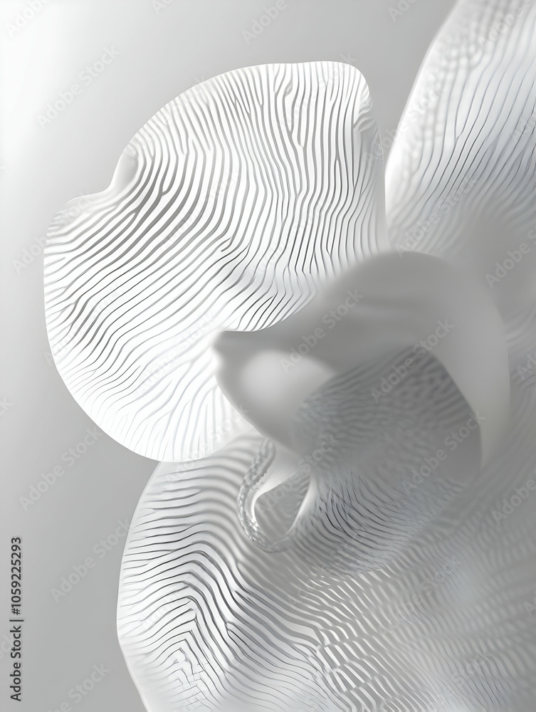 Poster abstract design featuring a white, flowing shape with intricate line patterns.