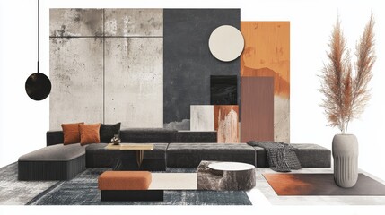 Interior design featuring dark gray furniture with vibrant orange details, including cushions and an ottoman. A minimalist setup with abstract artwork and a mix of textures for a sleek, modern aesthet