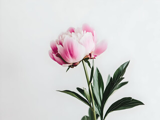 Naklejka premium A delicate pink peony flower against a soft white background.