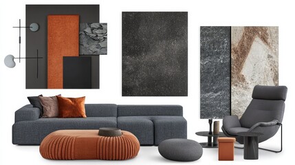 Stylish living space with gray seating, orange ottoman, and monochromatic artwork. The combination of neutral tones and bright accents adds warmth and a modern touch to the minimalist decor.