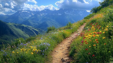 Mountain Trail with Wildflowers and Scenic Views of Peaks and Valleys