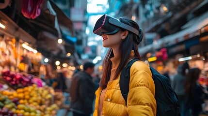 Solo traveler using a virtual assistant to translate local phrases while exploring a foreign market