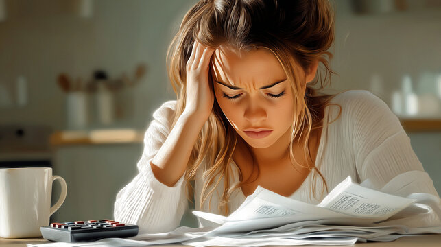 A detailed image of a woman sitting at a kitchen table, staring at a pile of bills with a worried expression. Her hand rests on her forehead as she tries to manage her consumer deb