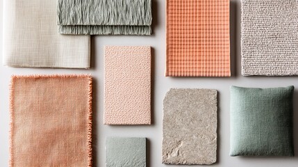 Material board showcasing a mix of textures in soft beige, terracotta, and gray shades, with ceramic objects, fabric swatches, and stone samples. Ideal for home decor or interior design mood board 