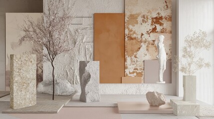 Modern living room with orange accents, and abstract wall art. Contemporary decor with bold color contrast and textured elements creates a stylish, sophisticated look. Mood board