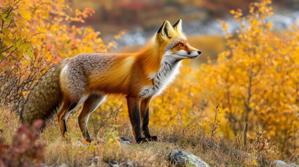 Obraz premium A red fox stands in the fall landscape of the Yukon Territory, Canada.