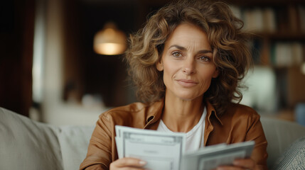 A medium shot of a woman sitting on her living room sofa, holding a stack of bills in one hand and a calculator in the other. Her face shows deep concern as she struggles with cons