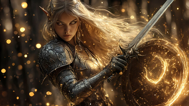 A female elf warrior in shining armor, holding a sword and shield with magical sparks. Forest Elf Queen. Illustration