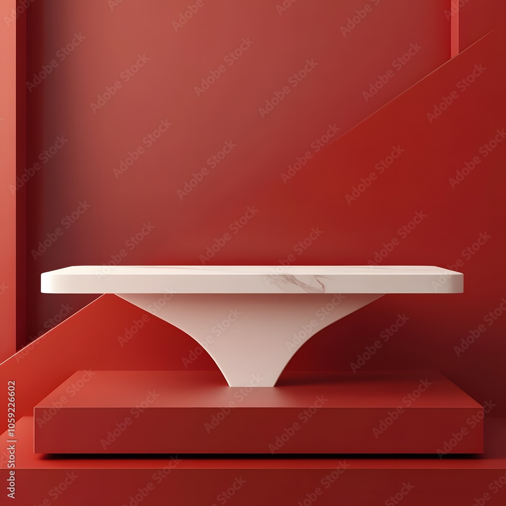 Aufkleber a 3d podium white rectangular table is balanced on the edge of an angled red platform, in a minimali