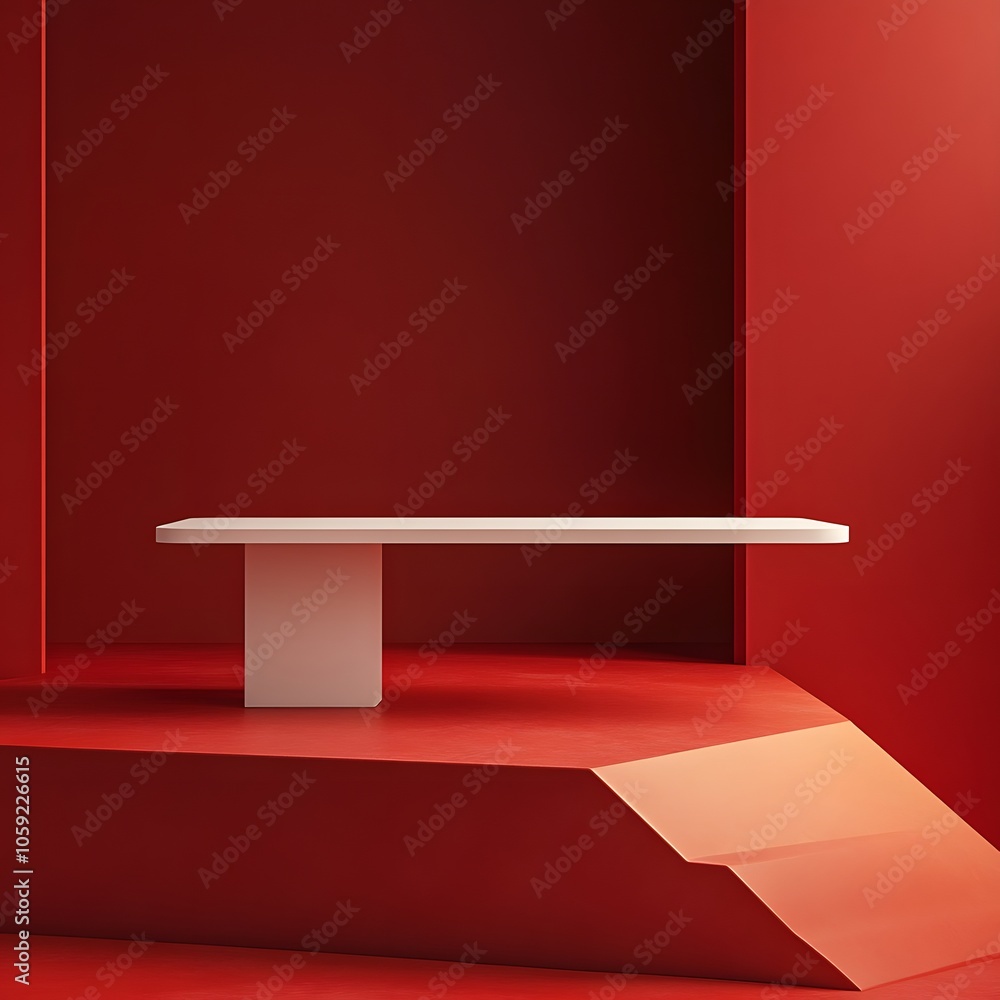 Aufkleber a 3d podium white rectangular table is balanced on the edge of an angled red platform, in a minimali