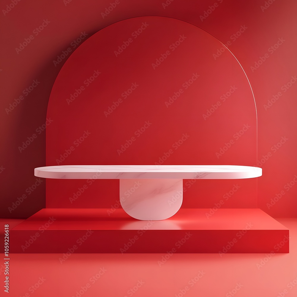 Aufkleber a 3d podium white rectangular table is balanced on the edge of an angled red platform, in a minimali
