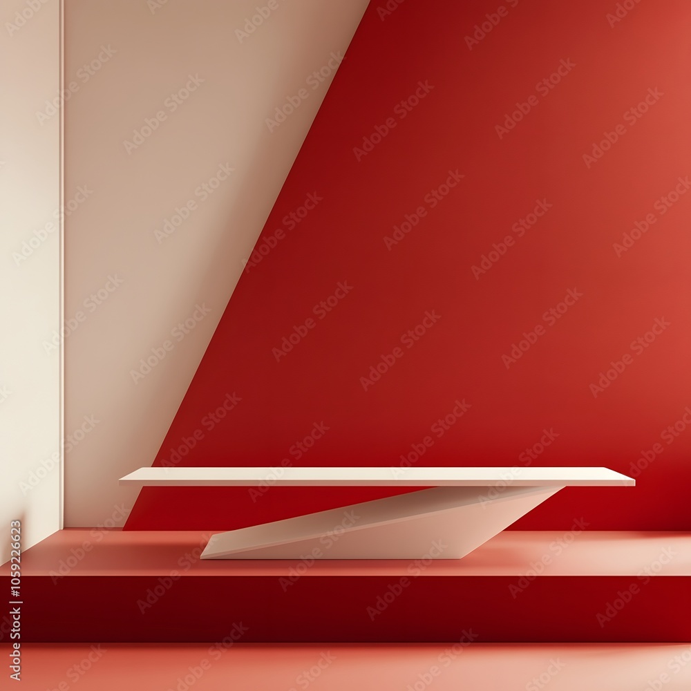 Poster a 3d podium white rectangular table is balanced on the edge of an angled red platform, in a minimali