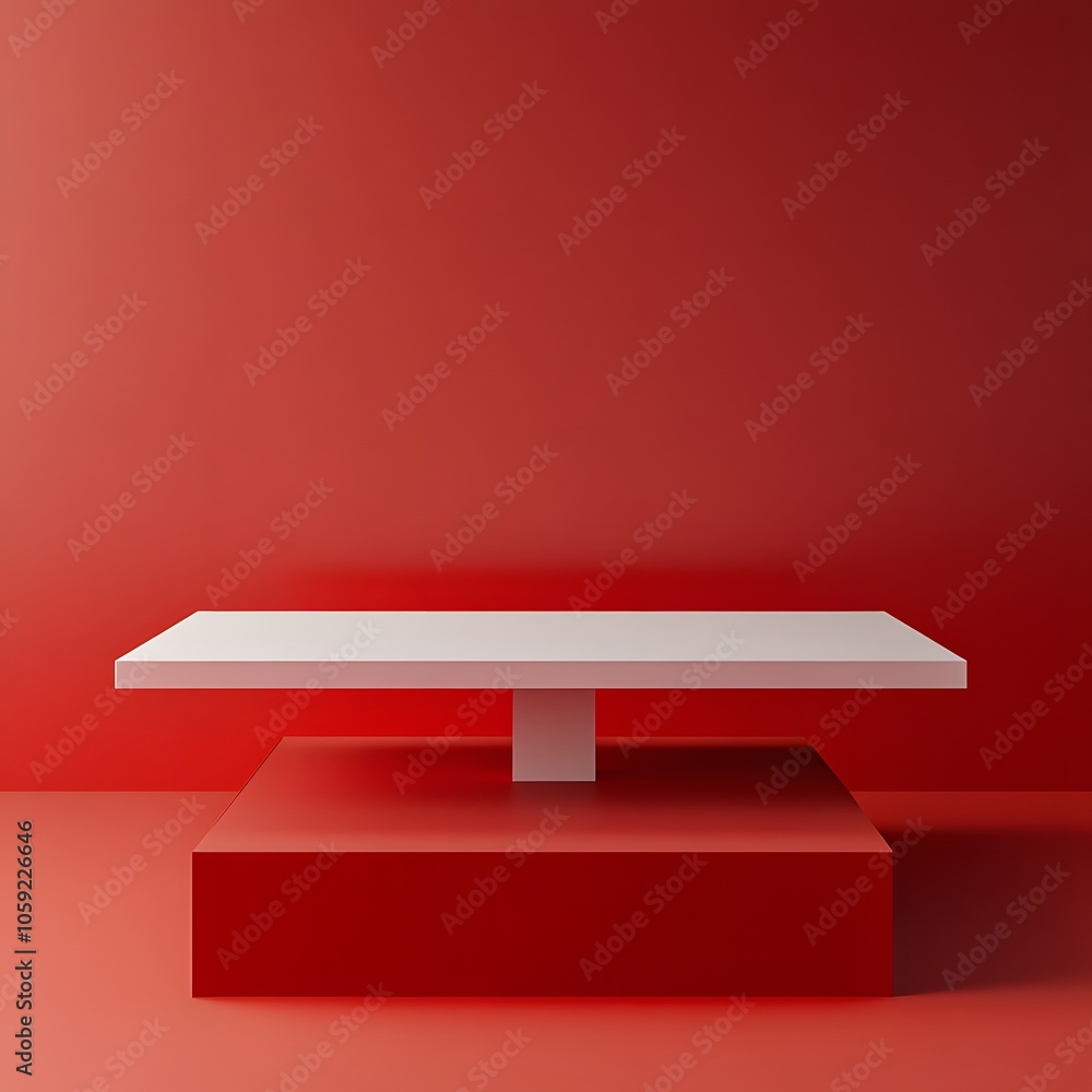 Aufkleber a 3d podium white rectangular table is balanced on the edge of an angled red platform, in a minimali
