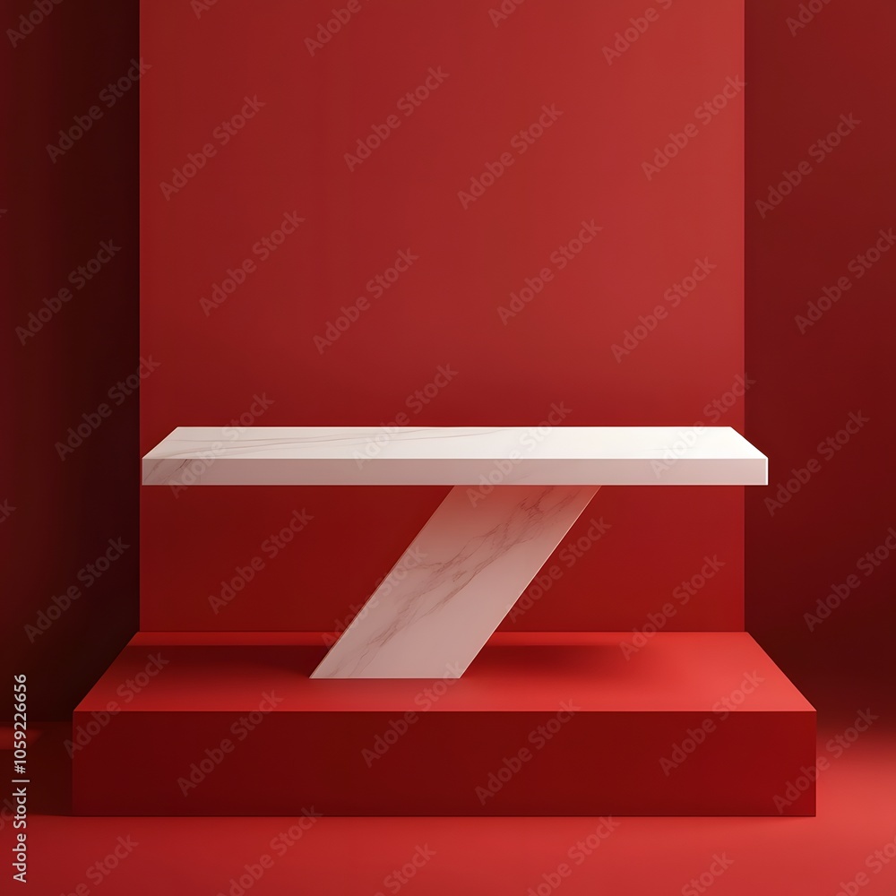 Aufkleber a 3d podium white rectangular table is balanced on the edge of an angled red platform, in a minimali