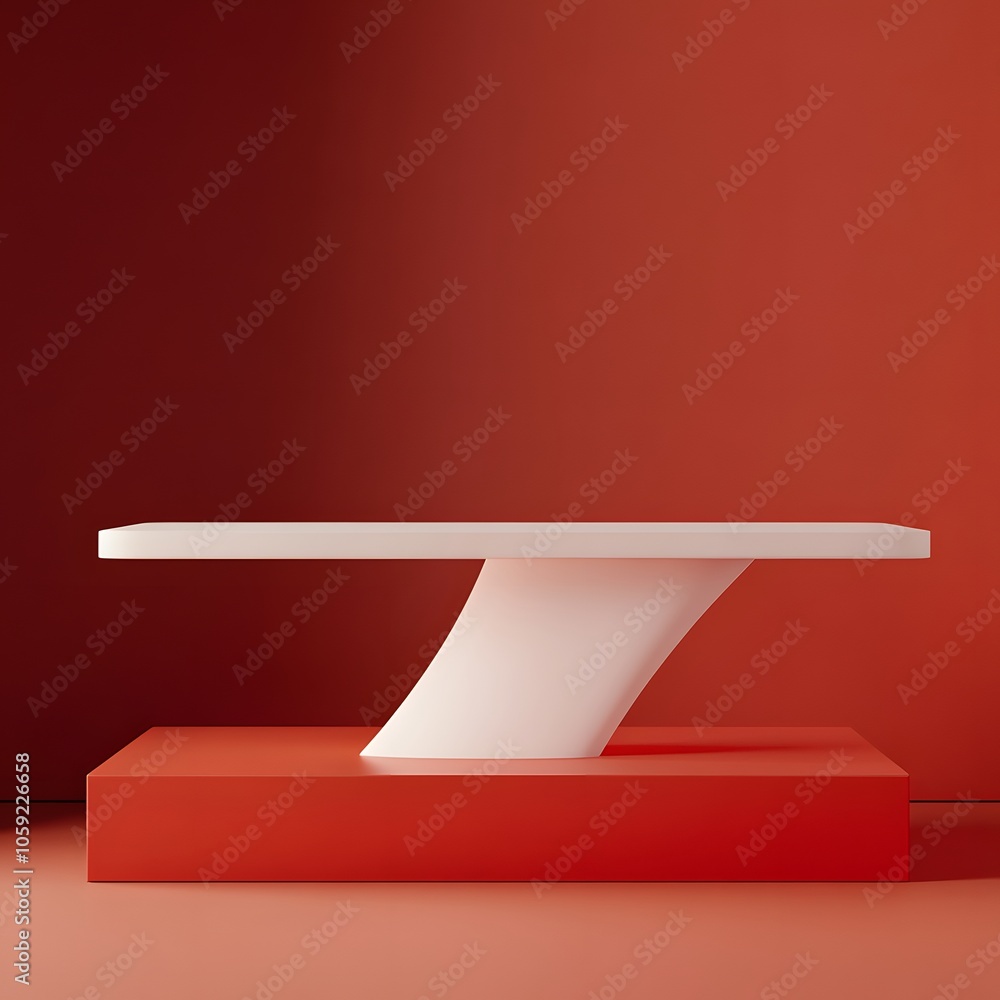 Poster a 3d podium white rectangular table is balanced on the edge of an angled red platform, in a minimali