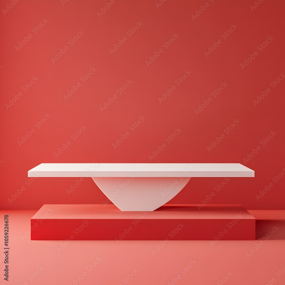 Poster a 3d podium white rectangular table is balanced on the edge of an angled red platform, in a minimali