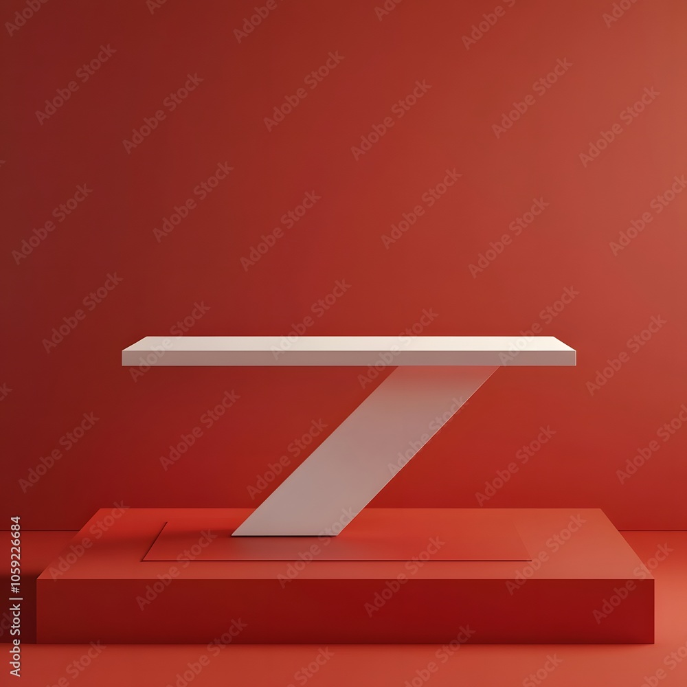 Poster a 3d podium white rectangular table is balanced on the edge of an angled red platform, in a minimali
