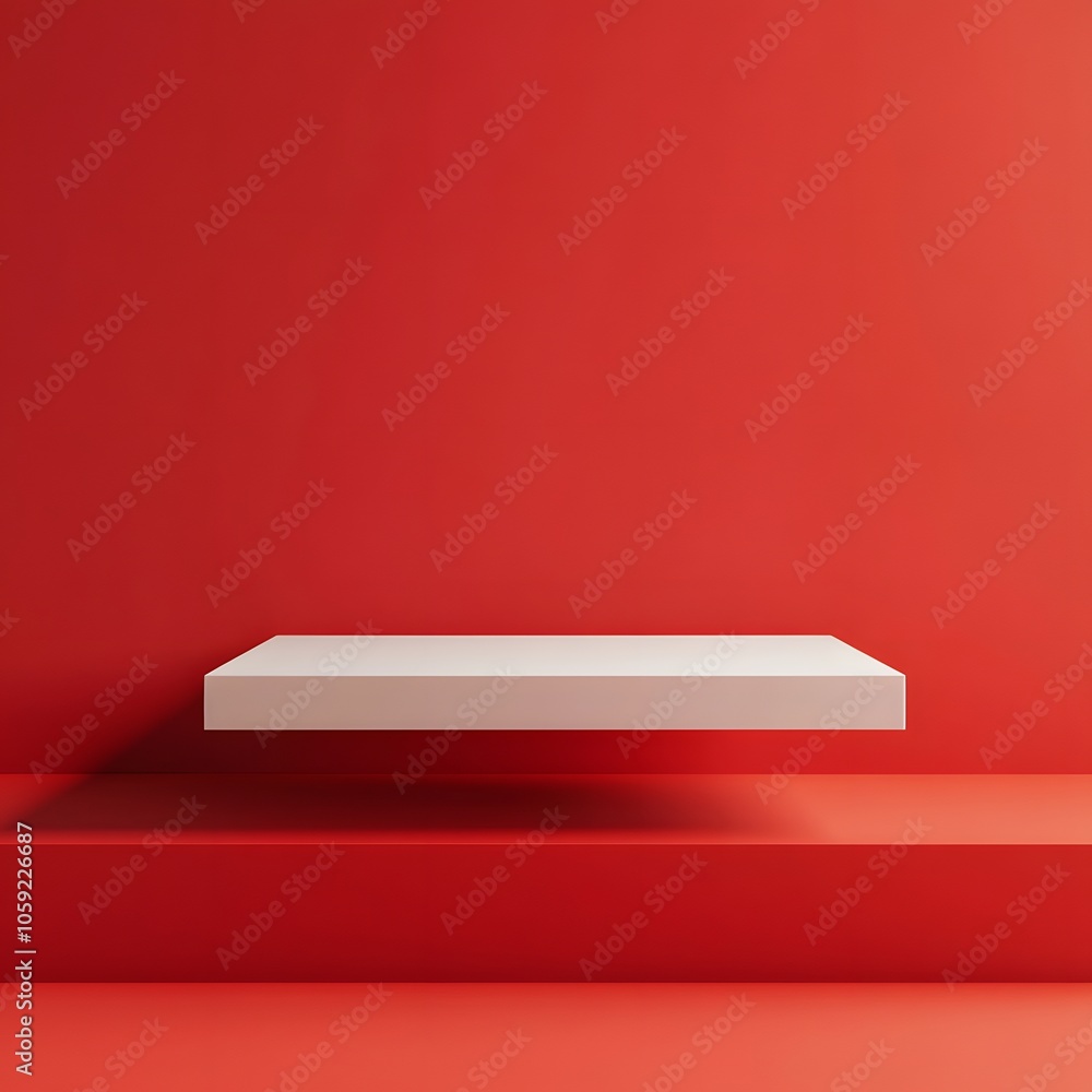 Aufkleber a 3d podium white rectangular table is balanced on the edge of an angled red platform, in a minimali