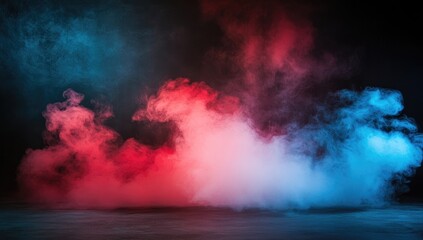 Abstract Background with Blue and Red Lighting on Floor and Smoke, Ideal for Product Display in Dark Room