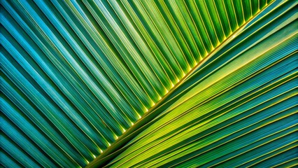 Abstract Diagonal Lines of a Palm Leaf in Vibrant Green and Blue Tones - Nature's Geometry and Textures Captured in Landscape Photography
