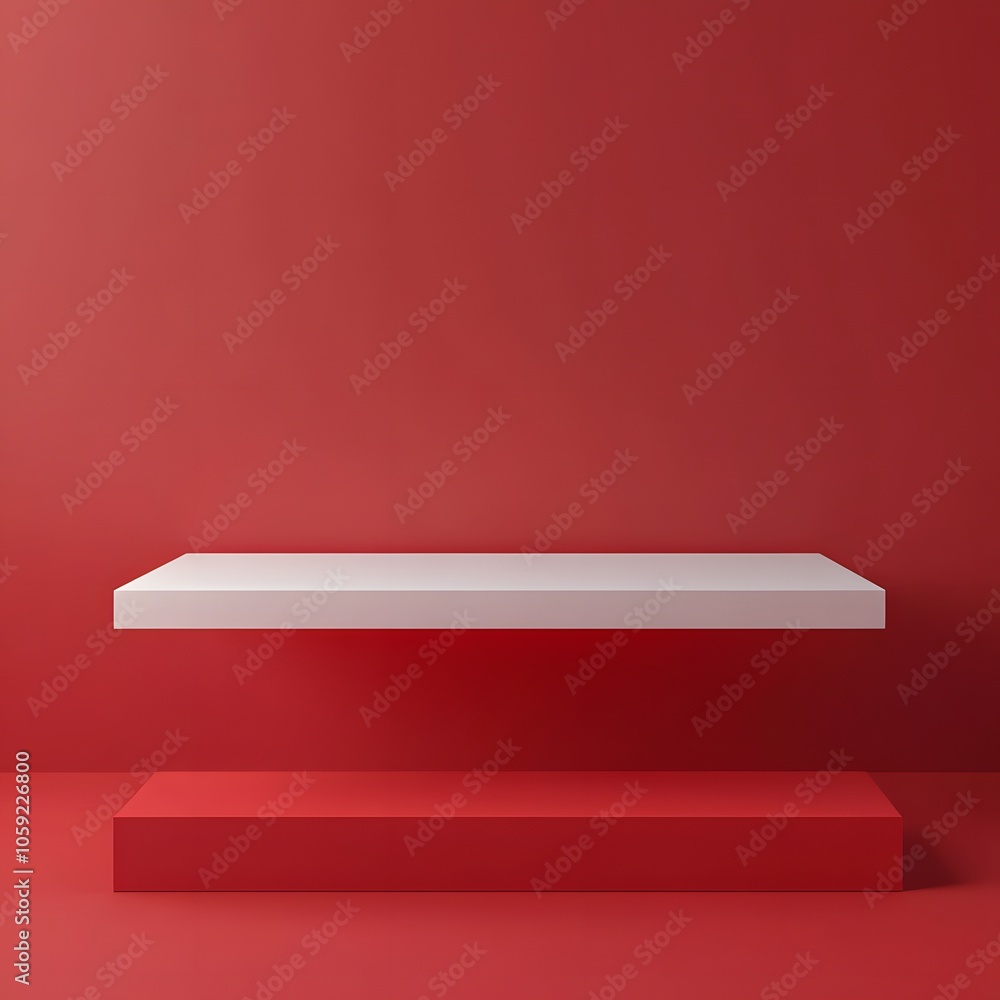 Poster a 3d podium white rectangular table is balanced on the edge of an angled red platform, in a minimali