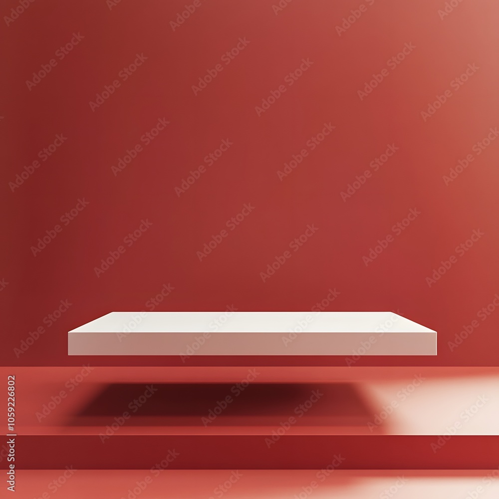 Aufkleber a 3d podium white rectangular table is balanced on the edge of an angled red platform, in a minimali