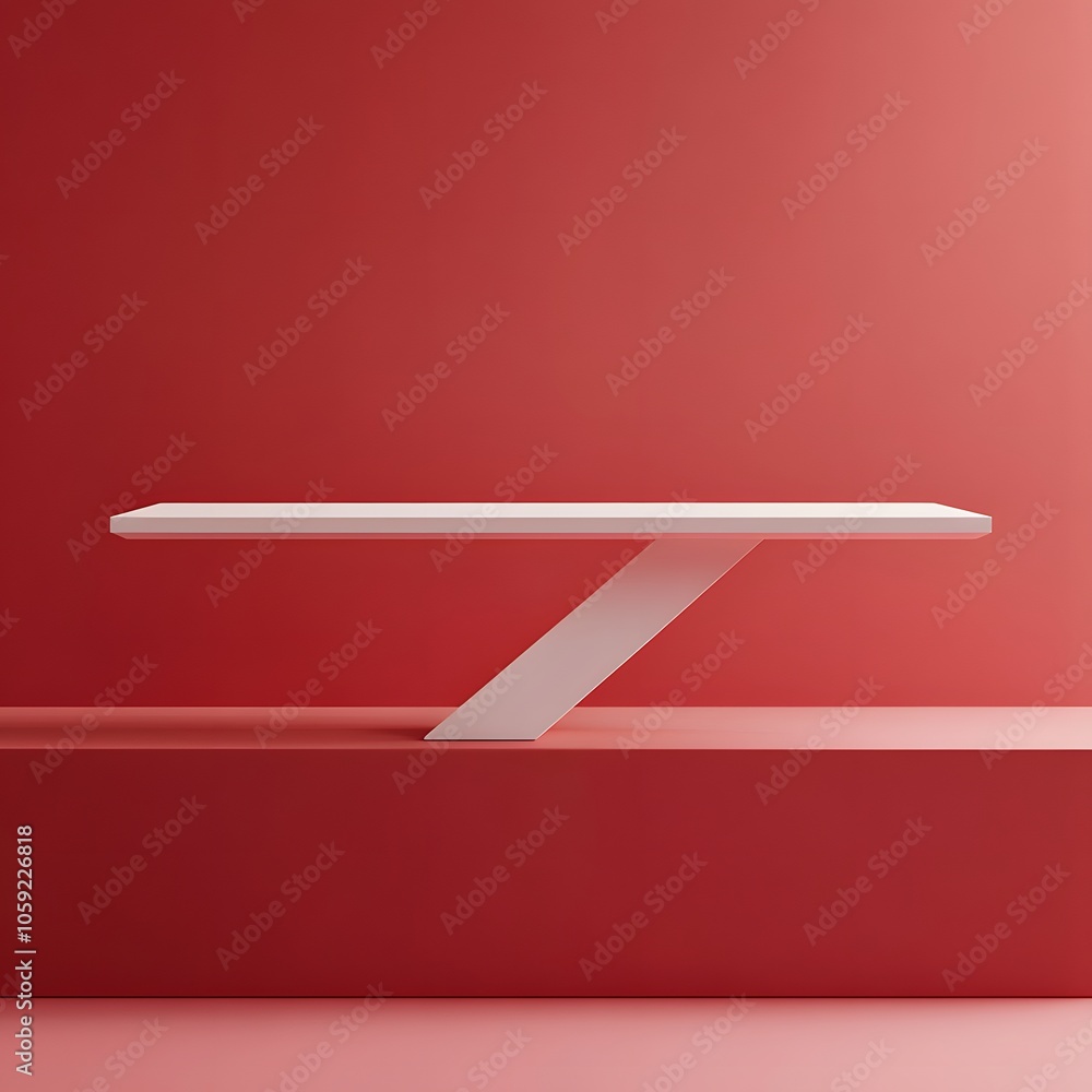 Aufkleber a 3d podium white rectangular table is balanced on the edge of an angled red platform, in a minimali