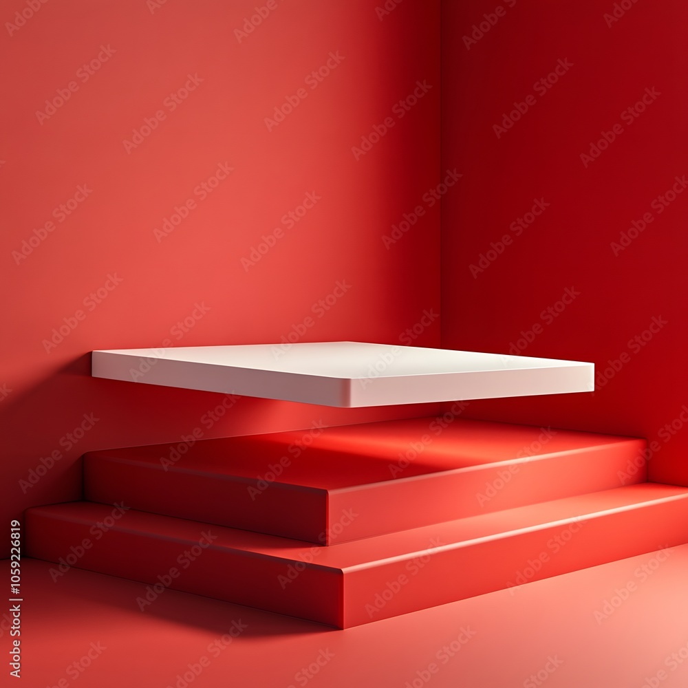 Aufkleber a 3d podium white rectangular table is balanced on the edge of an angled red platform, in a minimali