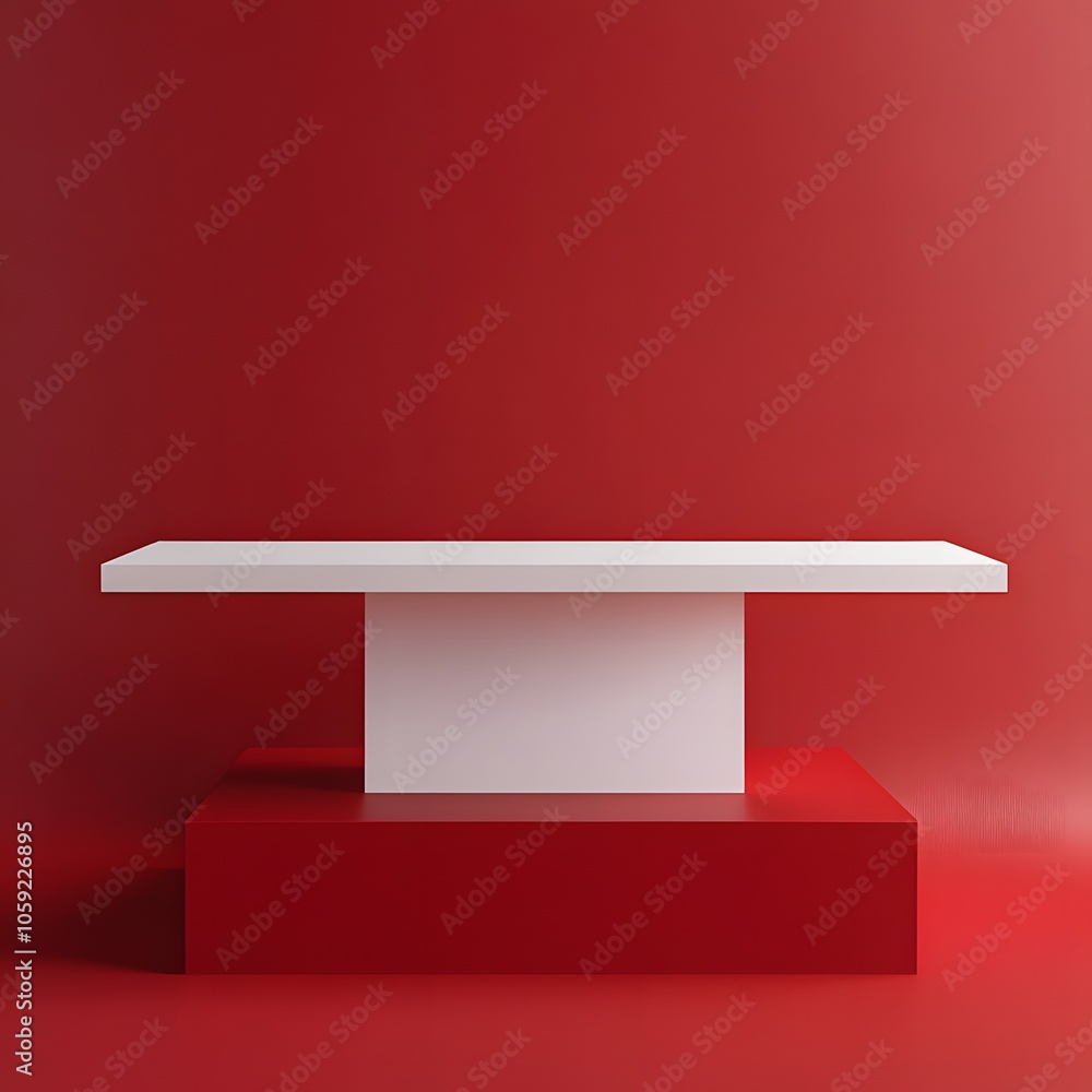 Aufkleber a 3d podium white rectangular table is balanced on the edge of an angled red platform, in a minimali