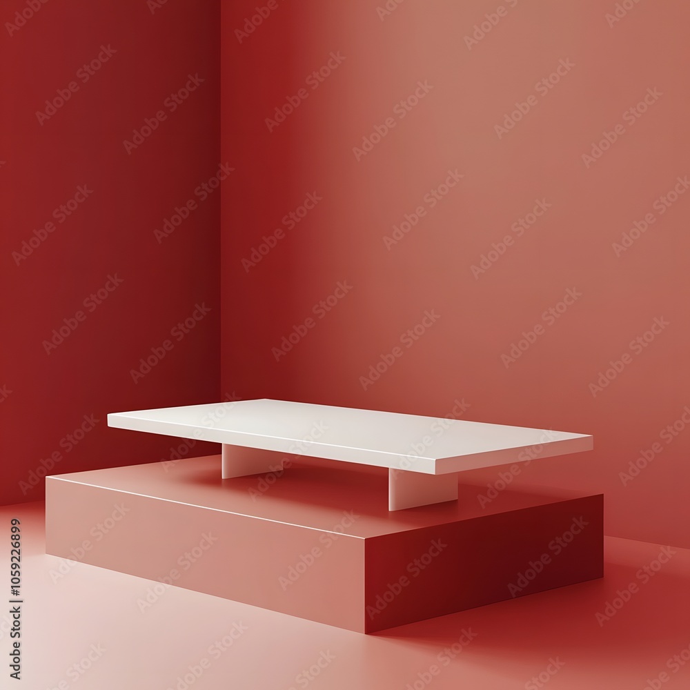 Aufkleber a 3d podium white rectangular table is balanced on the edge of an angled red platform, in a minimali