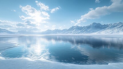 Obraz premium Snowy Mountains and Glaciers: A Winter Wonderland with Ice Lakes and Vehicles for Advertising Backgrounds