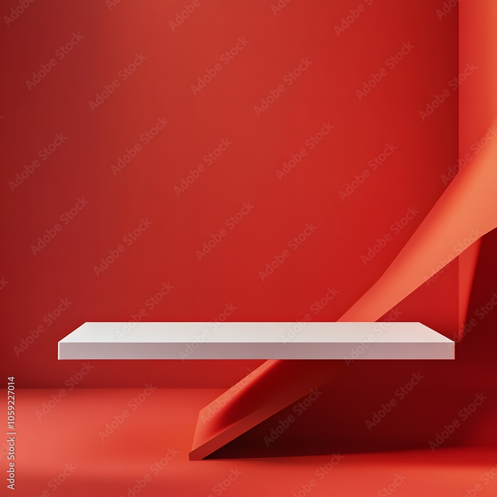 Poster a 3d podium white rectangular table is balanced on the edge of an angled red platform, in a minimali