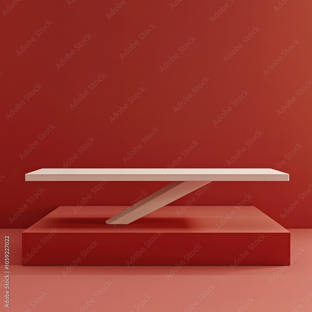 Poster a 3d podium white rectangular table is balanced on the edge of an angled red platform, in a minimali