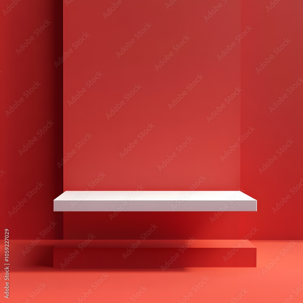 Aufkleber a 3d podium white rectangular table is balanced on the edge of an angled red platform, in a minimali