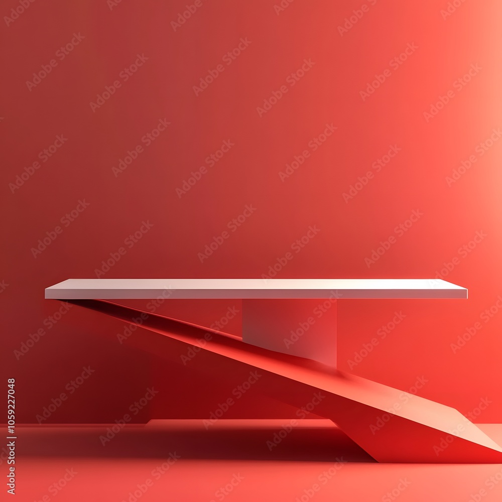 Poster a 3d podium white rectangular table is balanced on the edge of an angled red platform, in a minimali